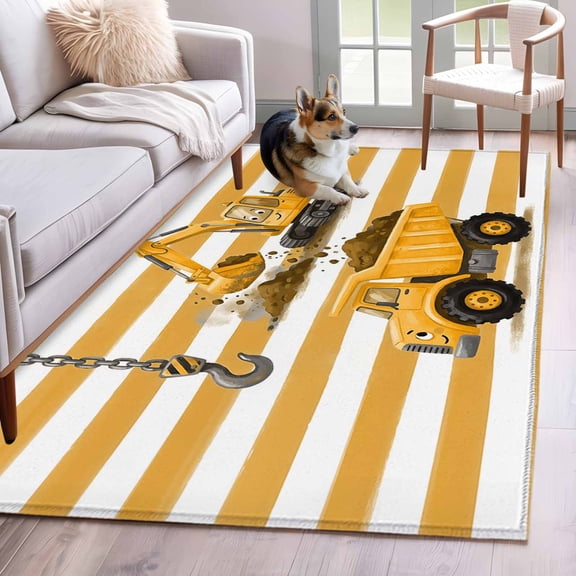 Rectangle Area Rug 4x6ft, Cute Mini Car Ground Truck Excavator Non-Slip Non-Shedding Floor Mat, Yellow Striped Washable Sturdy Carpet for Living Room Bedroom Home Decor