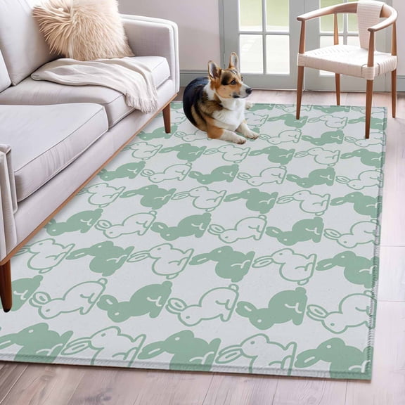Rectangle Area Rug 4x6ft, Easter Cute Rabbit Gray Green Non-Shedding Washable Area Rug, Seamless Bunny Silhouette Non Slip Low-Profile Rugs for Living Room, Bedroom Dining Room