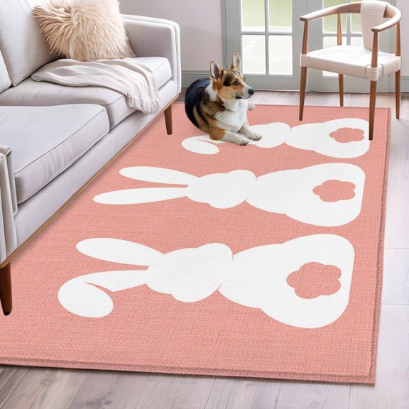 Rectangle Area Rug 4x6ft, Easter Day Bunny Pattern Non-Shedding Washable Area Rug, Farmhouse Rabbit Pink Linen Non Slip Low-Profile Rugs for Living Room, Bedroom Dining Room