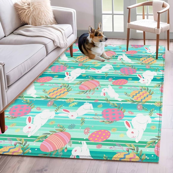 Rectangle Area Rug 4x6ft, Easter Egg Bunny Country Herb Non-Shedding Washable Area Rug, Cartoon Rabbit Green Stripes Non Slip Low-Profile Rugs for Living Room, Bedroom Dining Room