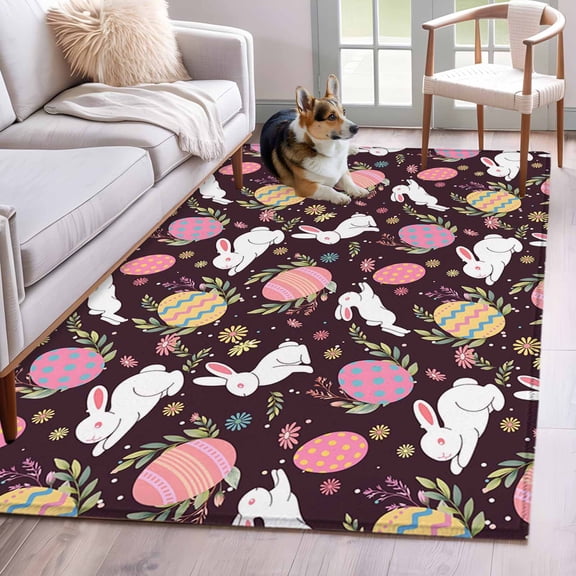 Rectangle Area Rug 4x6ft, Easter Egg Bunny Country Herb Non-Shedding Washable Area Rug, Farmhouse Rabbit on Black Non Slip Low-Profile Rugs for Living Room, Bedroom Dining Room