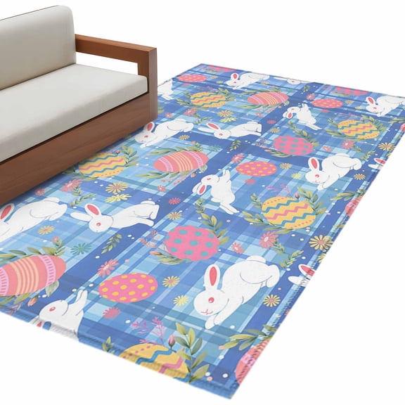 Rectangle Area Rug 4x6ft, Easter Egg Bunny Country Herb Non-Slip Non-Shedding Floor Mat, Farm Rabbit Gingham Check Washable Sturdy Carpet for Living Room Bedroom Home Decor