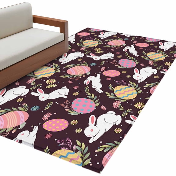 Rectangle Area Rug 4x6ft, Easter Egg Bunny Country Herb Non-Slip Non-Shedding Floor Mat, Farmhouse Rabbit on Black Washable Sturdy Carpet for Living Room Bedroom Home Decor