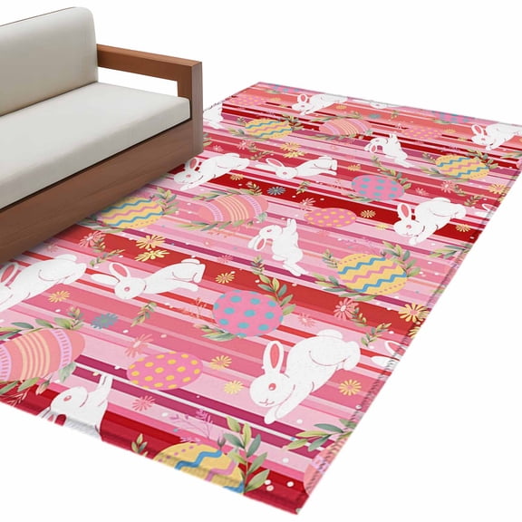 Rectangle Area Rug 4x6ft, Easter Egg Bunny Country Herb Non-Slip Non-Shedding Floor Mat, White Rabbit Red Stripes Washable Sturdy Carpet for Living Room Bedroom Home Decor