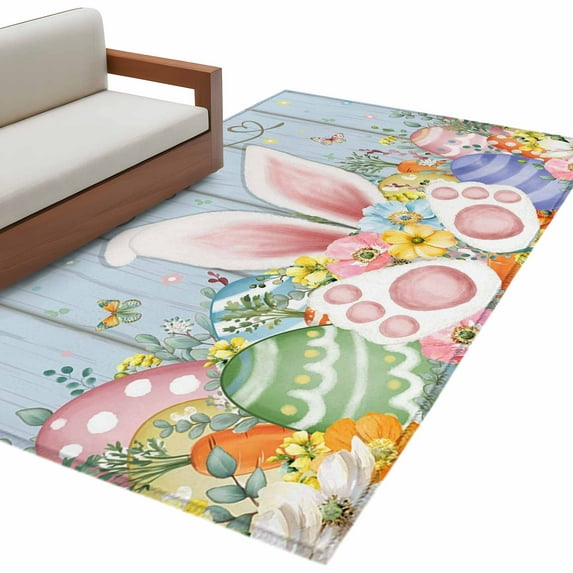 Rectangle Area Rug 4x6ft, Easter Egg Cartoon Rabbit Tail Non-Slip Non-Shedding Floor Mat, Wildflower Pastoral Floral Washable Sturdy Carpet for Living Room Bedroom Home Decor