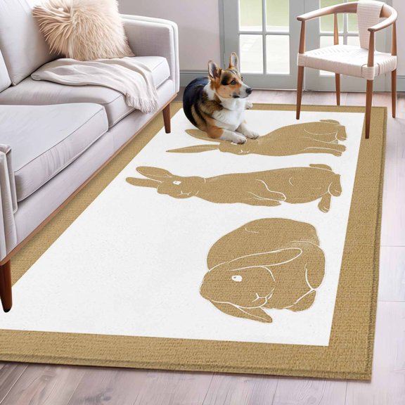 Rectangle Area Rug 4x6ft, Easter Farm Rabbit Silhouette Non-Shedding Washable Area Rug, Rustic Linen Texture Bunny Non Slip Low-Profile Rugs for Living Room, Bedroom Dining Room