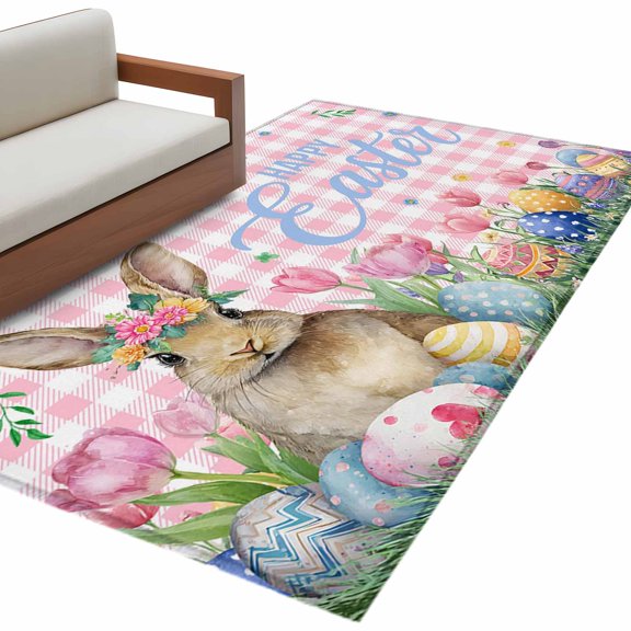 Rectangle Area Rug 4x6ft, Easter Rabbit Egg Non-Slip Non-Shedding Floor Mat, Spring Flower Pink Checkered Washable Sturdy Carpet for Living Room Bedroom Home Decor