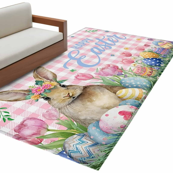 Rectangle Area Rug 4x6ft, Easter Rabbit Egg Non-Slip Non-Shedding Floor Mat, Spring Flower Pink Checkered Washable Sturdy Carpet for Living Room Bedroom Home Decor