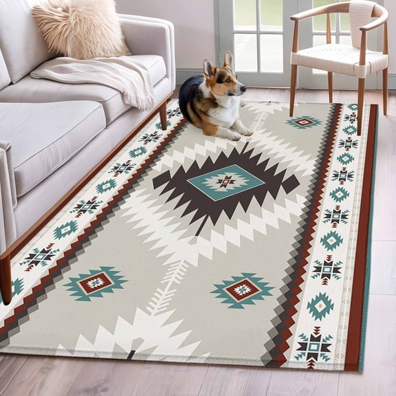 Rectangle Area Rug 4x6ft, Ethnic Tribal Geometric Pattern Non-Slip Non-Shedding Floor Mat, Aztec Boho Native Texture Washable Sturdy Carpet for Living Room Bedroom Home Decor