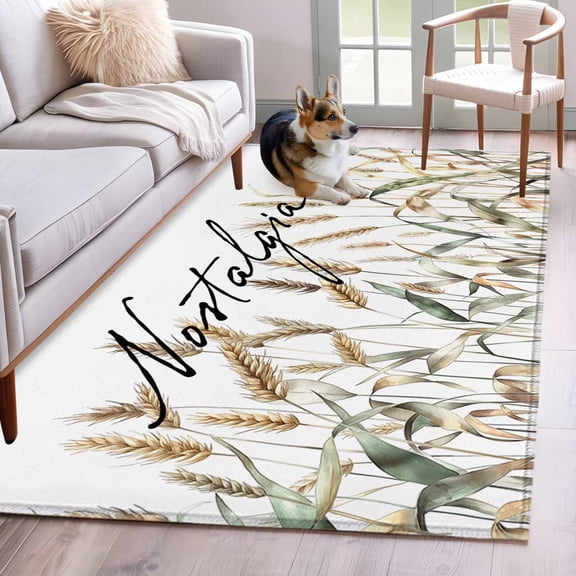 Rectangle Area Rug 4x6ft, Fall Farm Watercolor Wheat Harvest Non-Slip Non-Shedding Floor Mat, Retro Rustic Leaves on White Washable Sturdy Carpet for Living Room Bedroom Home Decor