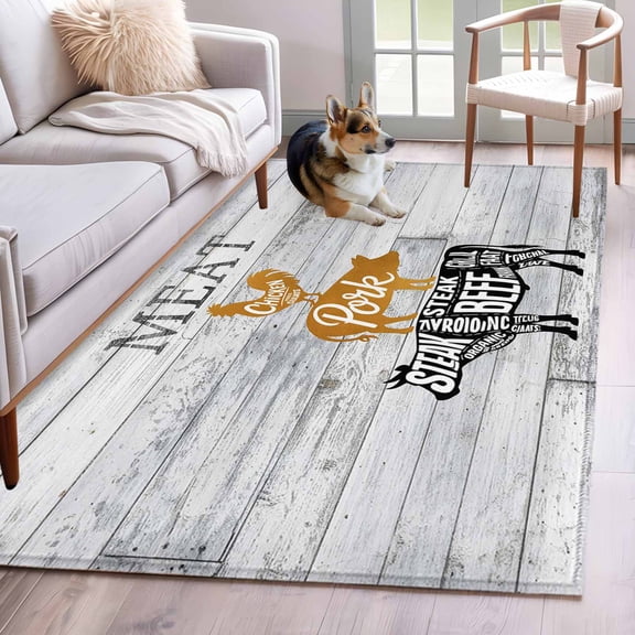 Rectangle Area Rug 4x6ft, Farm Animal Meat Non-Shedding Washable Area Rug, Vintage Chicken Pork and Beef on Wood Board Non Slip Low-Profile Rugs for Living Room, Bedroom Dining Room
