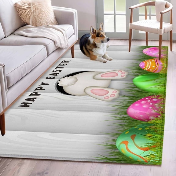 Rectangle Area Rug 4x6ft, Farm Bunny Butt Wood Plank Non-Slip Non-Shedding Floor Mat, Easter Eggs Rustic Grass Washable Sturdy Carpet for Living Room Bedroom Home Decor