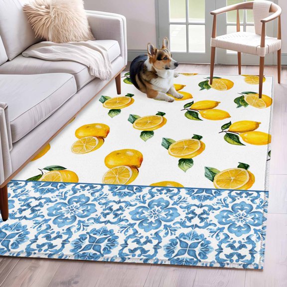 Rectangle Area Rug 4x6ft, Farm Fruit Yellow Lemon Leaves Non-Slip Non-Shedding Floor Mat, Blue and White Porcelain Texture Washable Sturdy Carpet for Living Room Bedroom Home Decor