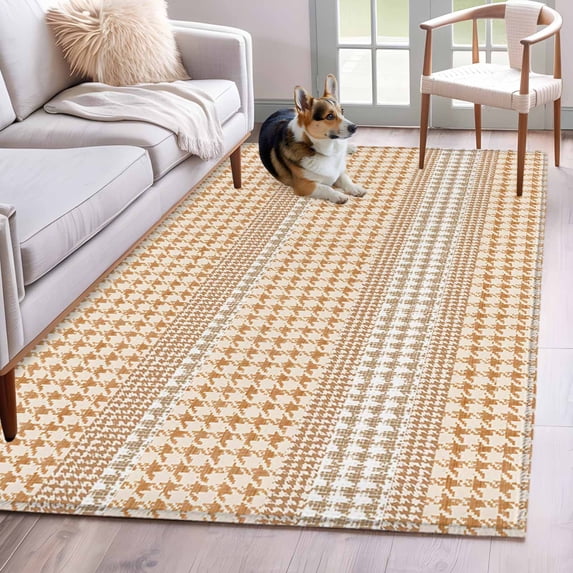 Rectangle Area Rug 4x6ft, Farm Lattice Houndstooth Pattern Non-Shedding Washable Area Rug, Rustic Beige Khaki Plaid Non Slip Low-Profile Rugs for Living Room, Bedroom Dining Room