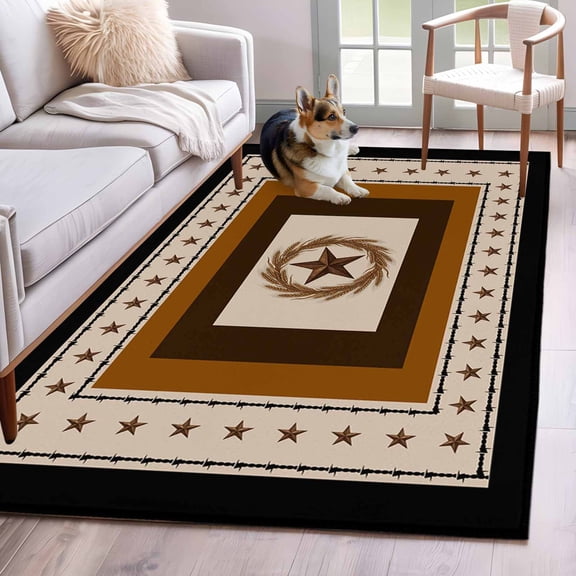 Rectangle Area Rug 4x6ft, Farm Retro Western Star Wheat Non-Shedding Washable Area Rug, Vintage Rustic Art Square Non Slip Low-Profile Rugs for Living Room, Bedroom Dining Room