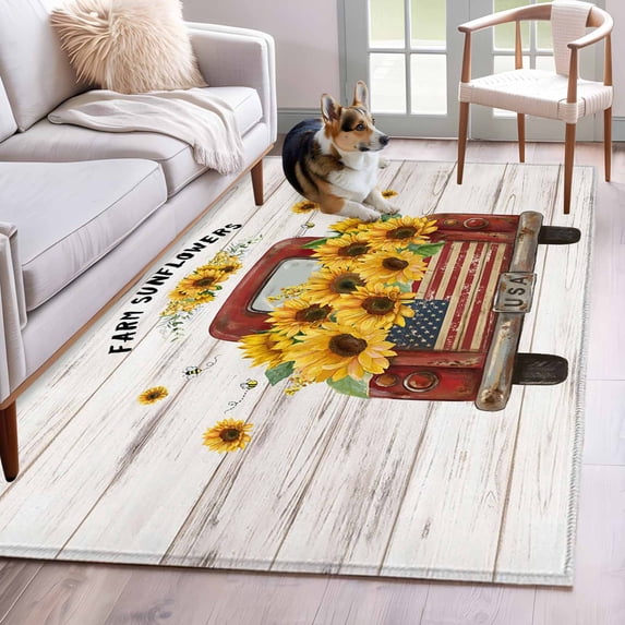 Rectangle Area Rug 4x6ft, Farm Sunflower Red Truck Wood Non-Shedding Washable Area Rug, Vintage Rustic Wooden Plank Non Slip Low-Profile Rugs for Living Room, Bedroom Dining Room
