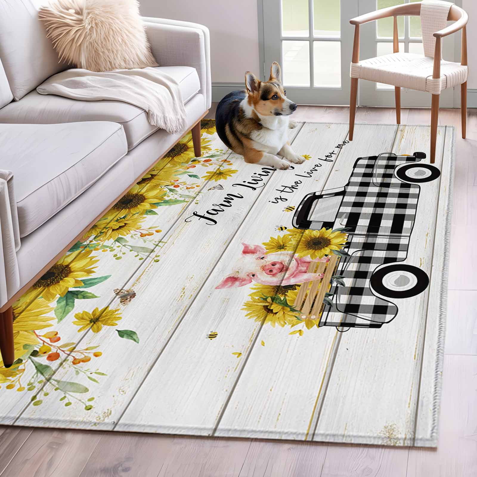 Rectangle Area Rug 4x6ft, Farm Sunflowers on Top Non-Slip Non-Shedding ...