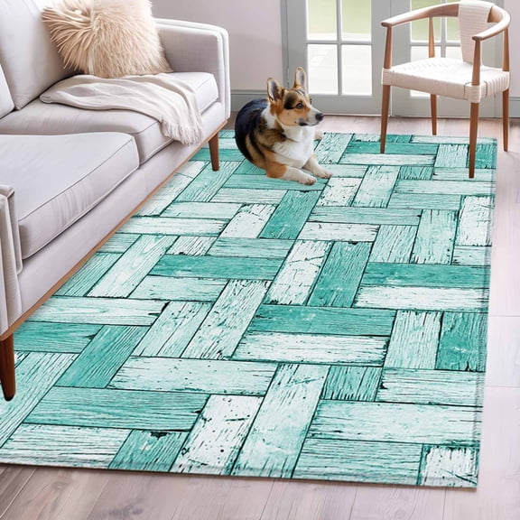 Rectangle Area Rug 4x6ft, Farm Wood Grain Teal Gradient Non-Shedding Washable Area Rug, Vibrant Style Non Slip Low-Profile Rugs for Living Room, Bedroom Dining Room