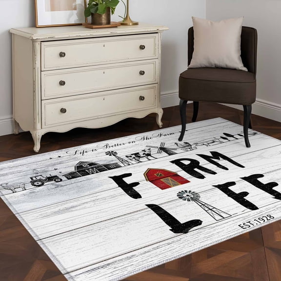 Rectangle Area Rug 4x6ft,Farmhouse Animal Windmill Washable Carpet Non-Slip Runner Accent Rugs Indoor Floor Mat for Bedroom Living Room Decor,Farm Grey Wood Barn