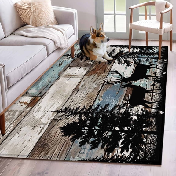 Rectangle Area Rug 4x6ft, Farmhouse Deer Pine Tree Non-Slip Non-Shedding Floor Mat, Forest Animal Plant Retro Wood Plank Washable Sturdy Carpet for Living Room Bedroom Home Decor