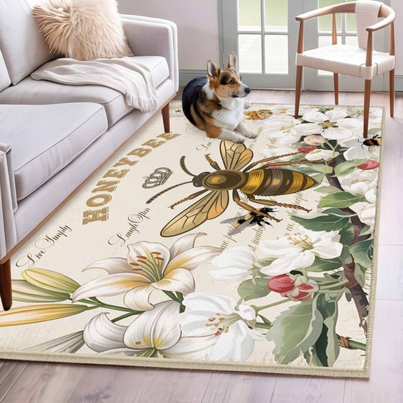 Rectangle Area Rug 4x6ft, Farmhouses Turquoise Non-Slip Non-Shedding Floor Mat, Bees on Vintage Letter Washable Sturdy Carpet for Living Room Bedroom Home Decor