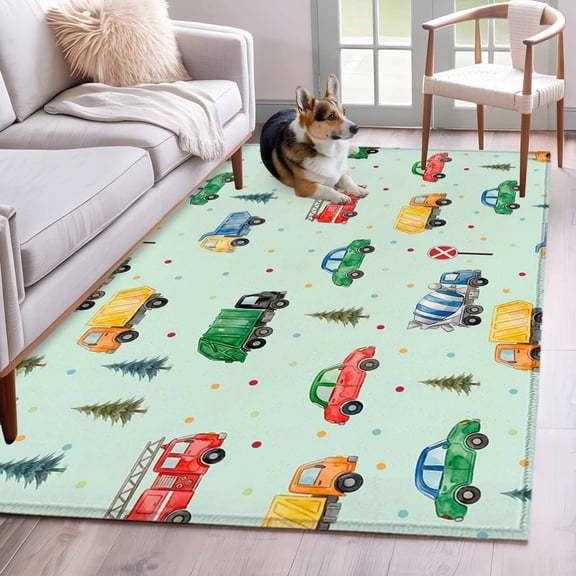 Rectangle Area Rug 4x6ft, Fire Trucks Engineering Vehicles Trees Cars Non-Slip Non-Shedding Floor Mat, Wave Points Washable Sturdy Carpet for Living Room Bedroom Home Decor