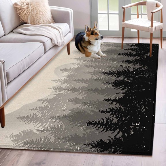 Rectangle Area Rug 4x6ft, Forest Tree Gradient Black Shadow Non-Shedding Washable Area Rug, Ombre Retro Linen Non Slip Low-Profile Rugs for Living Room, Bedroom Dining Room