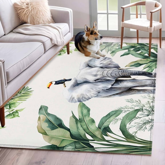 Rectangle Area Rug 4x6ft, Fun Elephant Tropical Palm Leaf Non-Shedding Washable Area Rug, Green Jungle Bird Non Slip Low-Profile Rugs for Living Room, Bedroom Dining Room