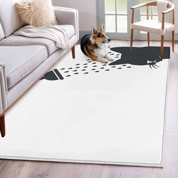 Rectangle Area Rug 4x6ft, Funny Cat Non-Shedding Washable Area Rug, Cartoon Grey White Animal Shadow Non Slip Low-Profile Rugs for Living Room, Bedroom Dining Room