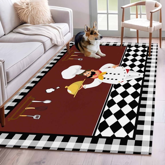 Rectangle Area Rug 4x6ft, Funny Chef Food Cutlery Non-Shedding Washable Area Rug, Black White Plaid Dark Maroon Non Slip Low-Profile Rugs for Living Room, Bedroom Dining Room