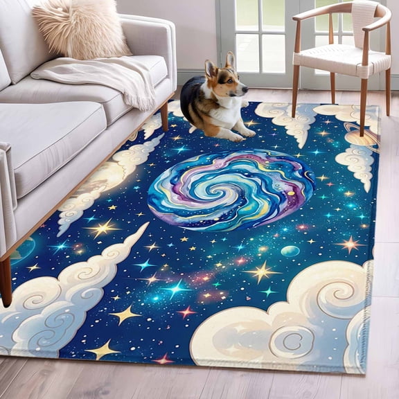 Rectangle Area Rug 4x6ft, Galaxy Earth Stars Moon Planets Non-Slip Non-Shedding Floor Mat, Dream Sky Cloud Washable Sturdy Carpet for Living Room Bedroom Home Decor