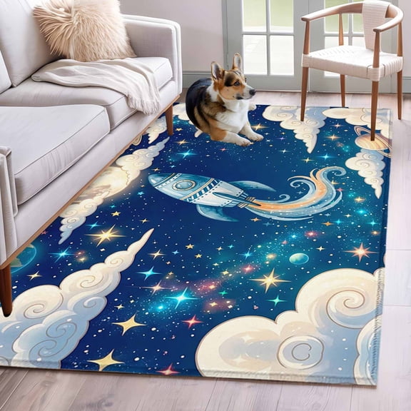 Rectangle Area Rug 4x6ft, Galaxy Stars Moon Planets Non-Slip Non-Shedding Floor Mat, Cloud Dream Sky Rocket Washable Sturdy Carpet for Living Room Bedroom Home Decor
