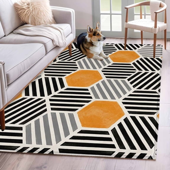 Rectangle Area Rug 4x6ft, Geometric Orange Black Hexagon Non-Shedding Washable Area Rug, Modern Abstract Stripe Art Non Slip Low-Profile Rugs for Living Room, Bedroom Dining Room