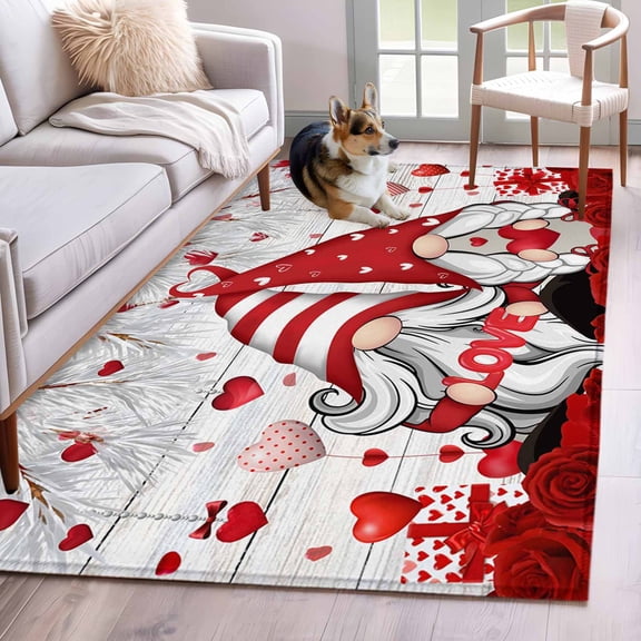 Rectangle Area Rug 4x6ft, Gnomes Lover Red Rose Love Hearts Fir Leaf Non-Slip Non-Shedding Floor Mat, Valentine's Day Washable Sturdy Carpet for Living Room Bedroom Home Decor