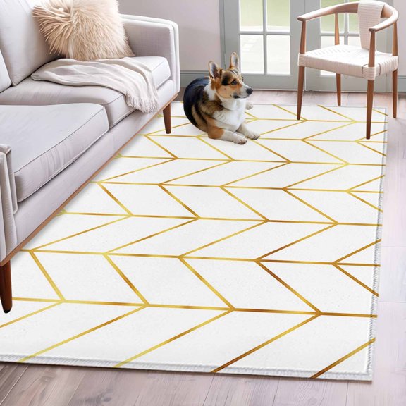 Rectangle Area Rug 4x6ft, Golden Lines Chevron Non-Slip Non-Shedding Floor Mat, Abstract Herringbone on White Washable Sturdy Carpet for Living Room Bedroom Home Decor