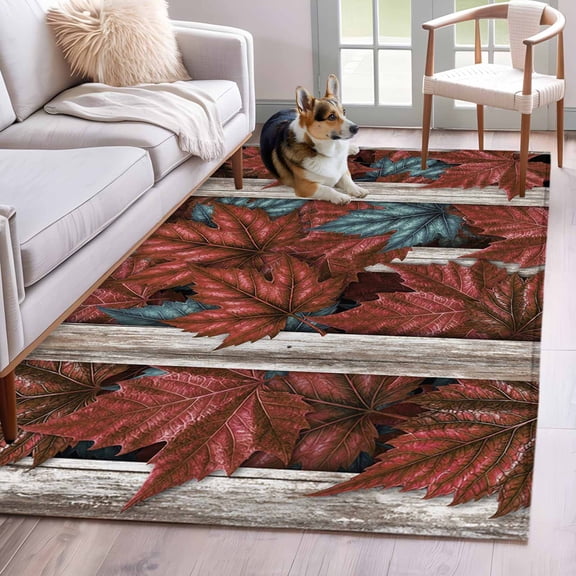 Rectangle Area Rug 4x6ft, Gradient Blue Maple Leaves Non-Shedding Washable Area Rug, Retro Wooden Palnk Non Slip Low-Profile Rugs for Living Room, Bedroom Dining Room