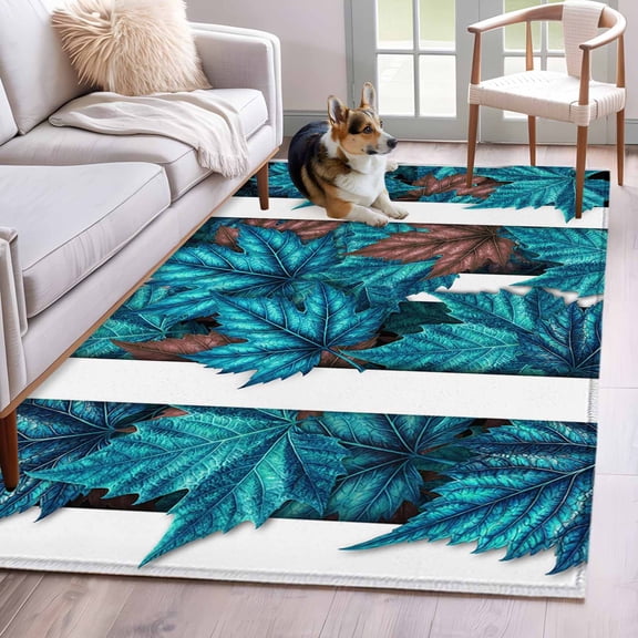 Rectangle Area Rug 4x6ft, Gradient Blue Maple Leaves Non-Shedding Washable Area Rug, Simple Stripes Art Non Slip Low-Profile Rugs for Living Room, Bedroom Dining Room