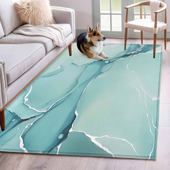 Rectangle Area Rug 4x6ft, Gradient Marble Agate Stone Non-Slip Non-Shedding Floor Mat, Aqua White Ombre Lines Washable Sturdy Carpet for Living Room Bedroom Home Decor