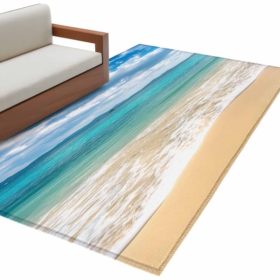 Rectangle Area Rug 4x6ft, Gradient Ocean Beach Wavy Non-Slip Non-Shedding Floor Mat, Seaside Blue Sky Clouds Washable Sturdy Carpet for Living Room Bedroom Home Decor