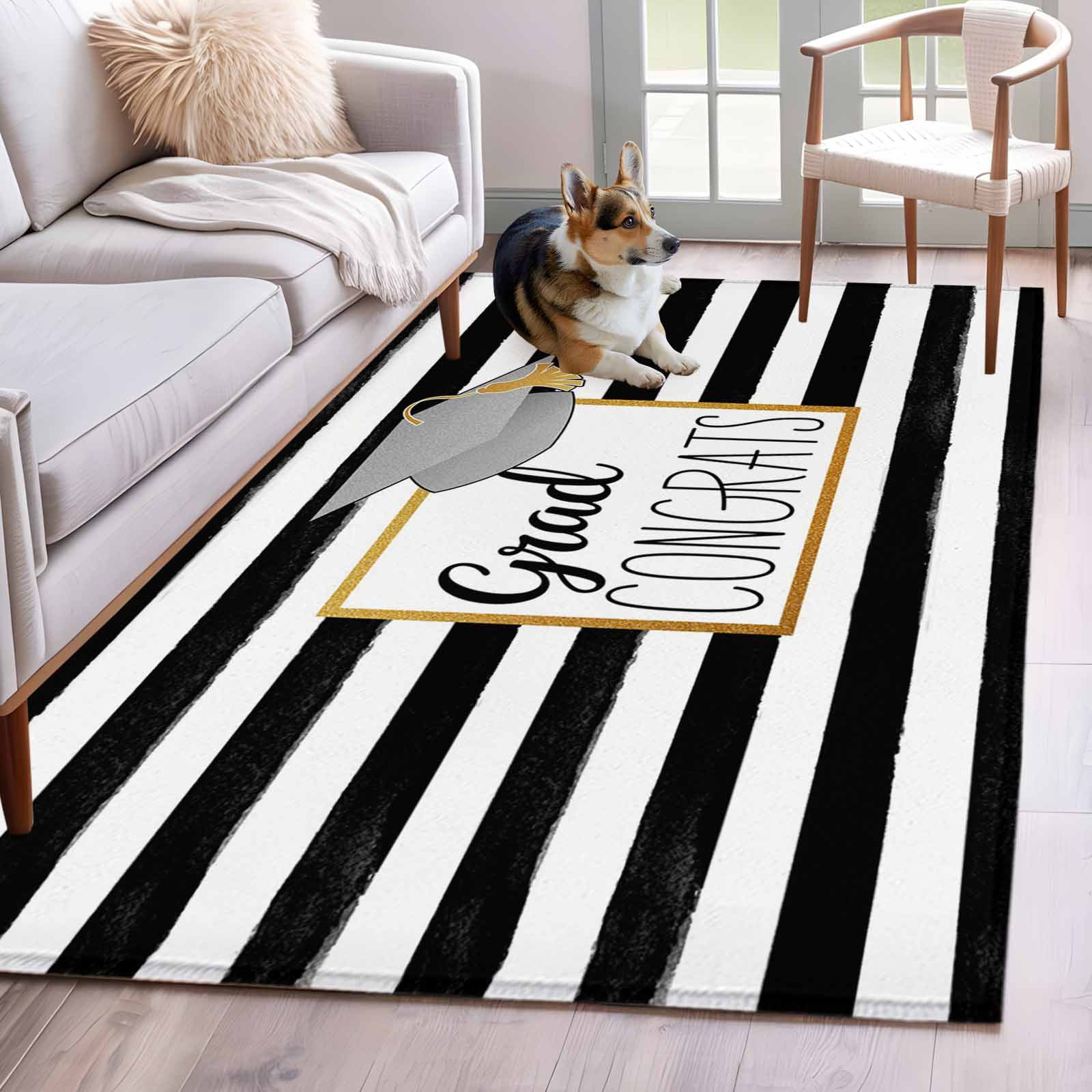 Rectangle Area Rug 4x6ft, Graduation Hat Golden Lines Border Non-Slip Non-Shedding Floor Mat, Black White Stripe Washable Sturdy Carpet for Living Room Bedroom Home Decor
