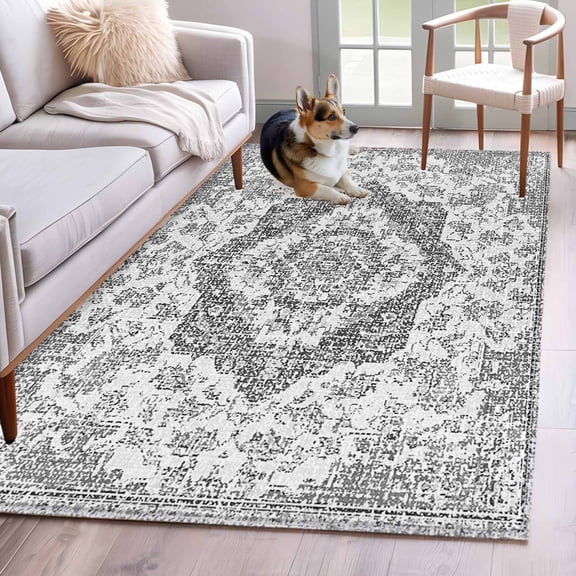 Rectangle Area Rug 4x6ft, Gray Ethnic Flower Texture Non-Slip Non-Shedding Floor Mat, Abstract Geometric Seamless Washable Sturdy Carpet for Living Room Bedroom Home Decor
