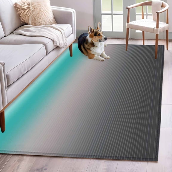 Rectangle Area Rug 4x6ft, Gray Gradient Stripe Teal Ombre Non-Shedding Washable Area Rug, Turquoise Abstract Geometric Non Slip Low-Profile Rugs for Living Room, Bedroom Dining Room