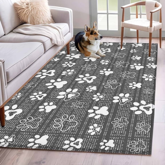 Rectangle Area Rug 4x6ft, Gray White Dog Paw Cartoon Non-Shedding Washable Area Rug, Cute Paw Prints Seamless Non Slip Low-Profile Rugs for Living Room, Bedroom Dining Room