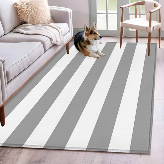 Rectangle Area Rug 4x6ft, Gray White Horizontal Striped Non-Slip Non-Shedding Floor Mat, Farm Classic Pattern Washable Sturdy Carpet for Living Room Bedroom Home Decor