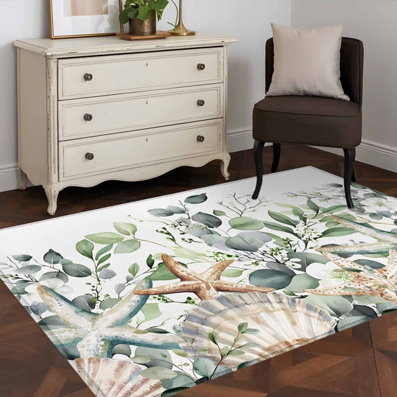 Rectangle Area Rug 4x6ft,Green Eucalyptus Leaves Washable Carpet Non-Slip Runner Accent Rugs Indoor Floor Mat for Bedroom Living Room Decor,Marine Life Starfish Shells