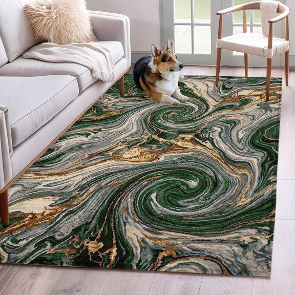 Rectangle Area Rug 4x6ft, Green Gold Marble Swirl Fluid Pattern Non-Shedding Washable Area Rug, Agate Stone Texture Non Slip Low-Profile Rugs for Living Room, Bedroom Dining Room