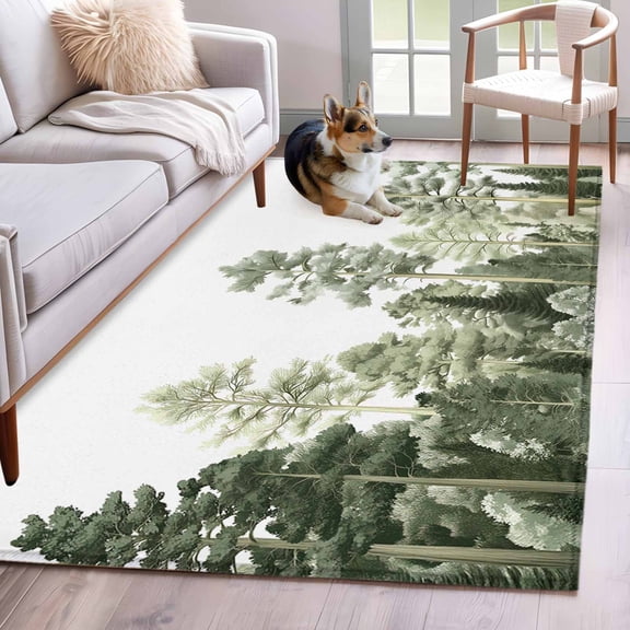 Rectangle Area Rug 4x6ft, Green Pine Trees Vintage Sketch Art Non-Shedding Washable Area Rug, Country Trees on White Non Slip Low-Profile Rugs for Living Room, Bedroom Dining Room