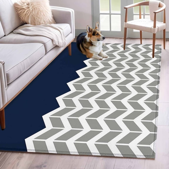 Rectangle Area Rug 4x6ft, Grey Stripes Chevron Navy Non-Shedding Washable Area Rug, Zigzag Ripple Abstract Geometric Non Slip Low-Profile Rugs for Living Room, Bedroom Dining Room