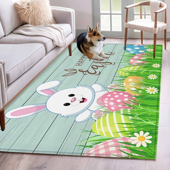 Rectangle Area Rug 4x6ft, Happy Easter Bunny and Eggs Non-Shedding Washable Area Rug, Spring Grass Daisy on Teal Wood Plank Non Slip Low-Profile Rugs for Living Room, Bedroom Dining Room