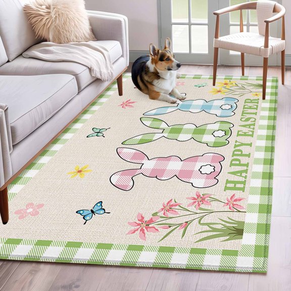 Rectangle Area Rug 4x6ft, Happy Easter Bunny Shadow Flowers Non-Shedding Washable Area Rug, Retro Linen Cotton and Grid Non Slip Low-Profile Rugs for Living Room, Bedroom Dining Room